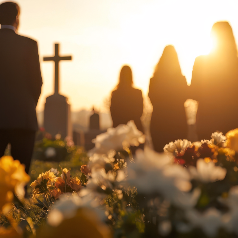 Peaceful graveside service setting with floral arrangements