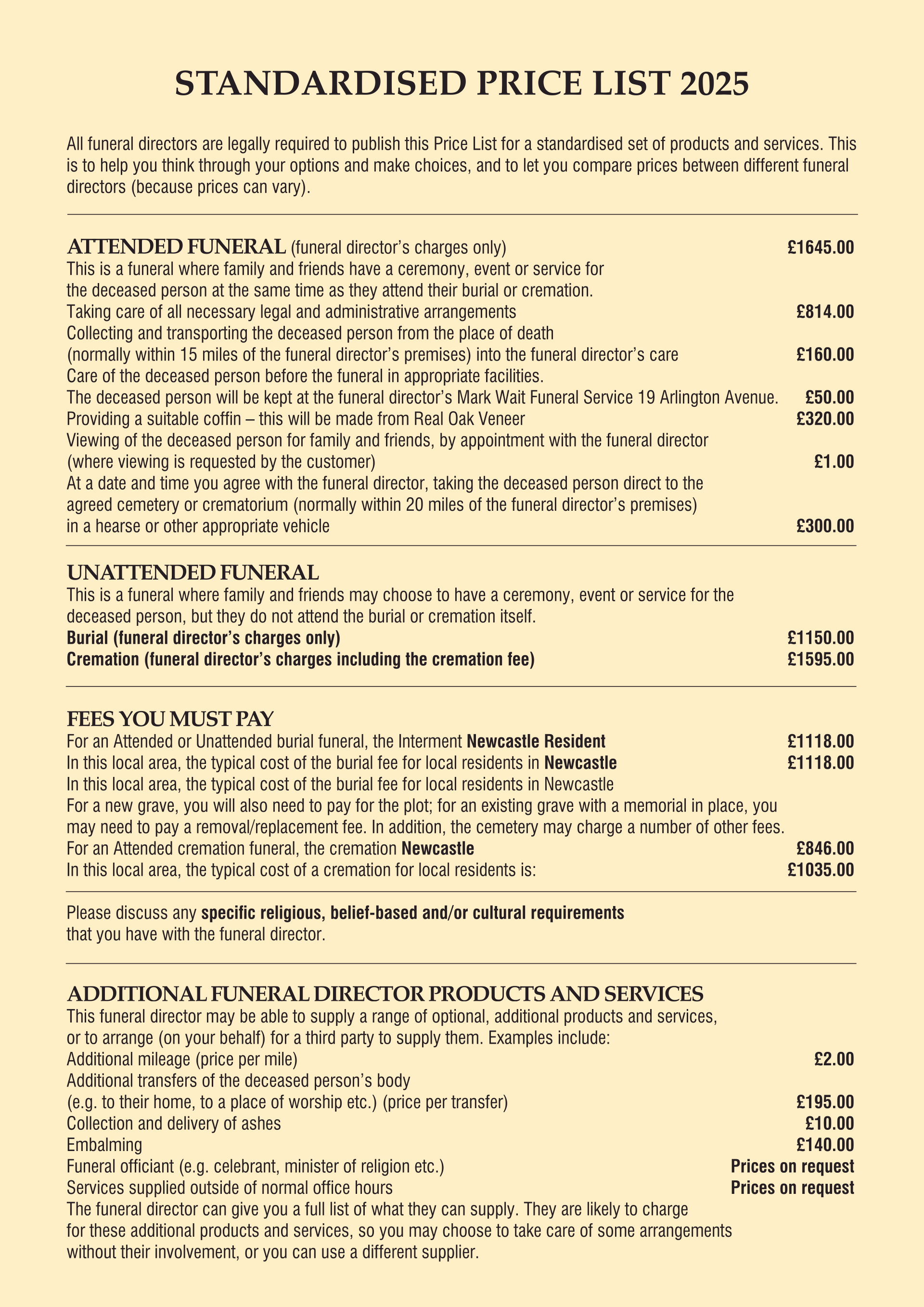 Mark Wait Funeral Directors Price List