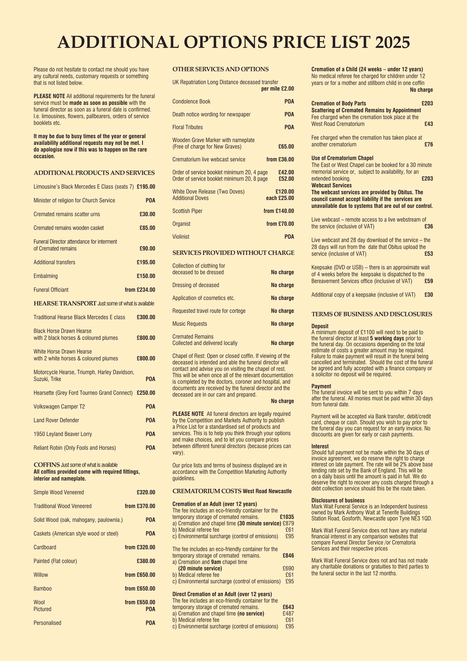 Mark Wait Funeral Directors Price List